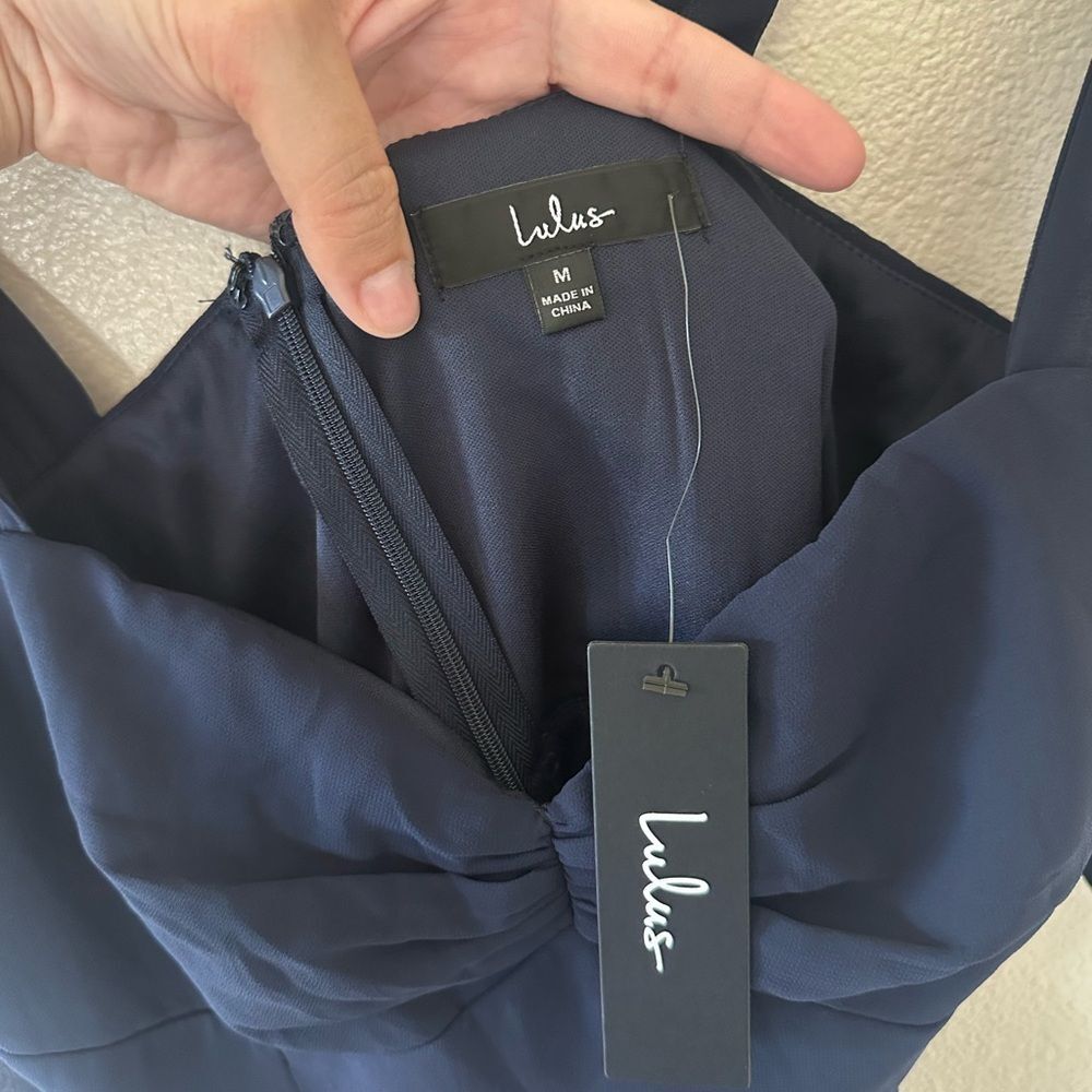 NWT Lulus Radiant Charisma Navy Chiffon Ruched Tie-Strap Maxi Dress Bridesmaid M - Picture 6 of 11